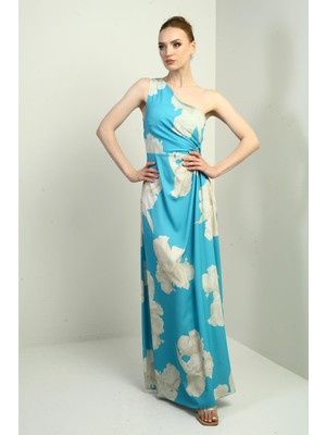 Kadın Tek Omuz Yandan Pencereli Büyük Yaprak Desenli Uzun Krep Saten Elbise