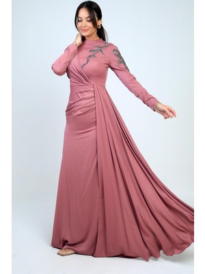 Taş Işlemeli Önü Büzgülü Astarlı Krep Saten Tesettür Elbise