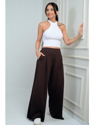 Kadın Beli Lastikli Cepli Önü Pileli Bol Paça Osyho Pantolon