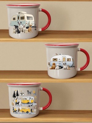 Köpekler ve Karavan Baskılı 3'lü Seramik Ağzı Kırmızı Kupa Bardak - Ev Mutfak Ofis Işyeri Eşyası
