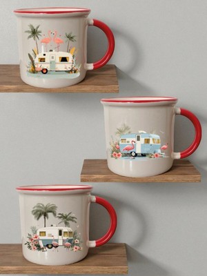 Flamengo ve Karavan Baskılı 3'lü Seramik Ağzı Kırmızı Kupa Bardak - Ev Mutfak Ofis Işyeri Eşyası