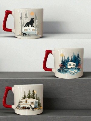 Kurt ve Karavan Baskılı 3'lü Seramik Kırmızı Kulplu Kupa Bardak - Ev Mutfak Ofis Işyeri Eşyası