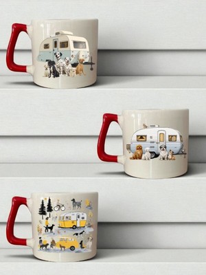 Köpekler ve Karavan Baskılı 3'lü Seramik Kırmızı Kulplu Kupa Bardak - Ev Mutfak Ofis Işyeri Eşyası