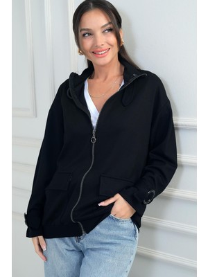 Kadın Önü Fermuarlı Kargo Cepli Toka Detaylı Osyho Kumaş Hırka