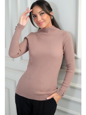 Kadın Balıkçı Yaka Basic Fitilli Kolları Düğme Detaylı Kazak