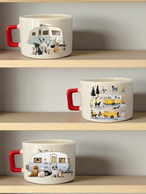 Köpekler ve Karavan Baskılı 3'lü Seramik Kupa Bardak - Ev Mutfak Ofis Işyeri Hediyesi Eşyası