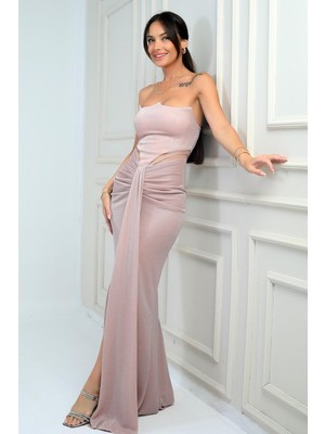 Kadın Straplez Önü Büzgülü Astarlı Simli Uzun Elbise