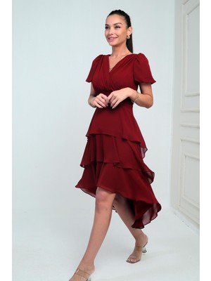 Kadın Kruvaze Yaka Arkası Fermuarlı Katkat Pileli Şifon Elbise