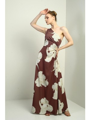 Kadın Tek Omuz Yandan Pencereli Büyük Yaprak Desenli Uzun Krep Saten Elbise