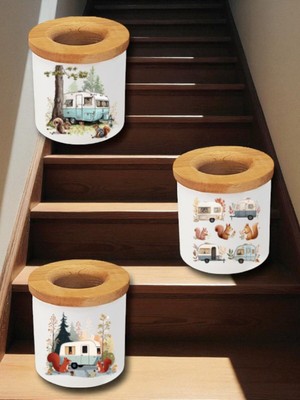 Sincap ve Karavan Baskılı 3'lü Masaüstü Kalemlik Kalem Kutusu - Ev Mutfak Ofis Işyeri Eşyası