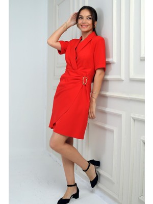 Kadın Şal Yaka Toka Detaylı Vatkalı Kısa Krep Elbise