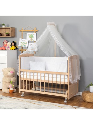Bamgidoo Mobilya Bamgidoo Ahşap Anne Yanı Sallanan Beşik - Doğal Bebek Beşiği 60X120-BEYAZ Güpür Uyku Seti Yatak Tekerlekli
