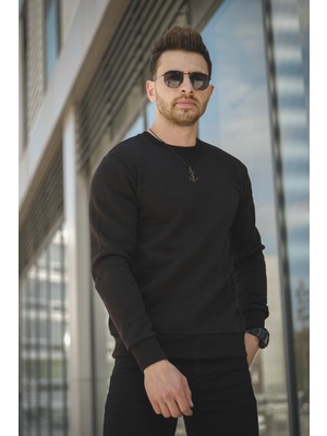 Oksit Gomez Dar Kesim Siyah Üç Iplik Şardonlu Pamuklu Sweatshirt Erkek İçin Ekstra Konfor