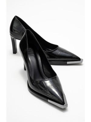 Lıora Siyah Baskı Platin Detaylı Kadın Blok Topuklu Topuklu Ayakkabı