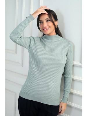 Kadın Balıkçı Yaka Basic Fitilli Kolları Düğme Detaylı Kazak