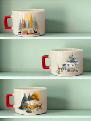 Ceylan ve Karavan Baskılı 3'lü Seramik Kupa Bardak - Ev Mutfak Ofis Işyeri Hediyesi Eşyası