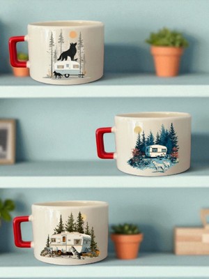 Kurt ve Karavan Baskılı 3'lü Seramik Kupa Bardak - Ev Mutfak Ofis Işyeri Hediyesi Eşyası