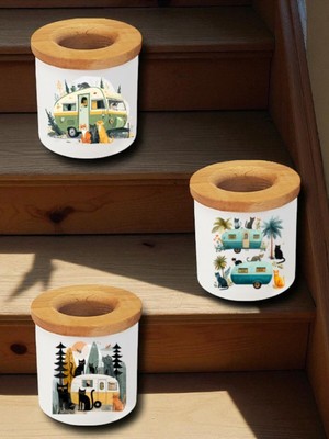 Kediler ve Karavan Baskılı 3'lü Masaüstü Kalemlik Kalem Kutusu - Ev Mutfak Ofis Işyeri Eşyası