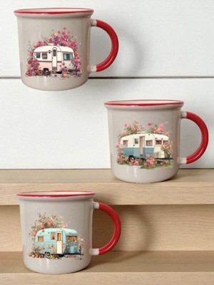 Gül ve Karavan Baskılı 3'lü Seramik Ağzı Kırmızı Kupa Bardak - Ev Mutfak Ofis Işyeri Eşyası