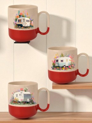 Çiçek ve Karavan Baskılı Kırmızı Tabanlı 3'lü Kupa Bardak - Ev Mutfak Ofis Işyeri Hediyesi Eşyası