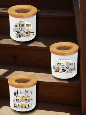 Köpekler ve Karavan Baskılı 3'lü Masaüstü Kalemlik Kalem Kutusu - Ev Mutfak Ofis Işyeri Eşyası