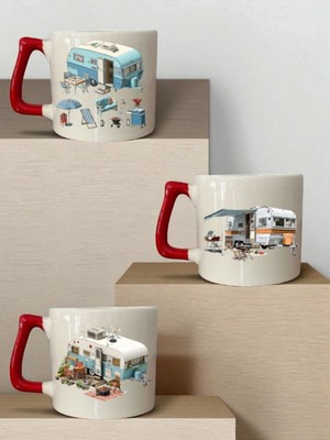 Kamp ve Karavan Baskılı 3'lü Seramik Kırmızı Kulplu Kupa Bardak - Ev Mutfak Ofis Işyeri Eşyası