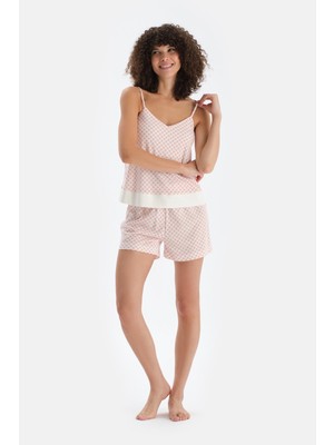 Turuncu V Yaka Metraj Baskılı Atlet Şort Pijama Takımı