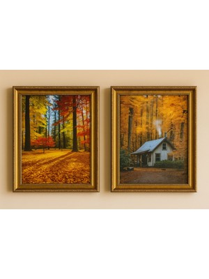 Autumn Forest & Cabin – Sonbahar Manzaralı Ikili Duvar Tablo Seti (Çerçeveli)