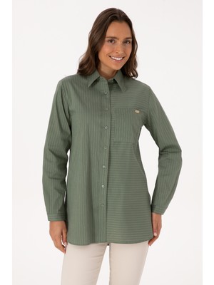 U.S. Polo Assn. Kadın Koyu Yeşil Uzun Kollu Çizgili Gömlek 50316387-VR079