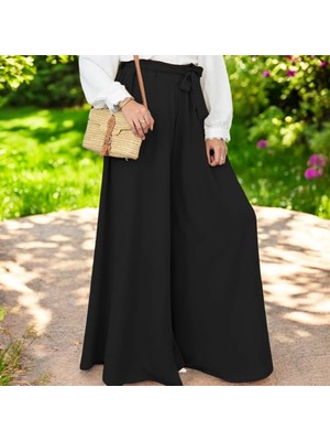 Kemerli Kadın Siyah Keten Pantolon