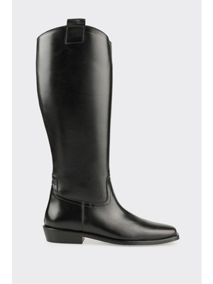 Siyah Deri Kadın Düz Çizme