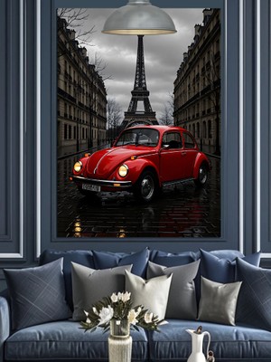 Eyfel Kulesi ve Kırmızı Klasik Araba Dekoratif Kanvas - Mdf Ahşap Tablo