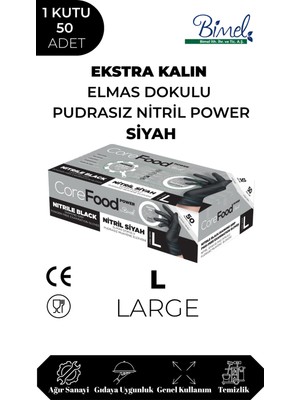 Corefood Nitril Siyah Power Pudrasız Muayene Eldiveni L - 1 Paket 50'li
