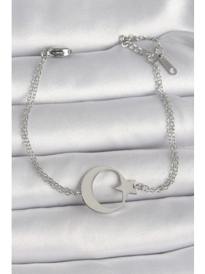 316L Çelik Gümüş Renk Ay Yıldız Model Kadın Bileklik - Lisinya