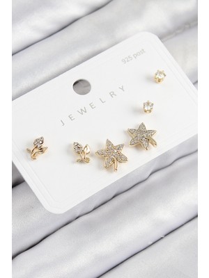 Pirinç Zirkon Taşlı Yıldız ve Gül Model Gold Renk 925 Ayar Gümüş Çivi Kadın Küpe Set - Lisinya