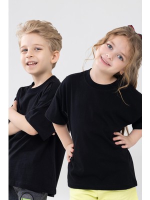 Unisex Çocuk Bisiklet Yaka Kısa Kol %100 Pamuk Oversize Tişört Siyah