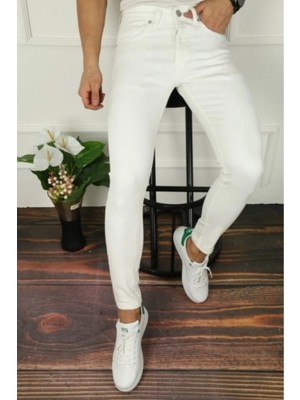 Erkek Jeans Slim Fit Likralı Denim Beyaz Kot Pantolon