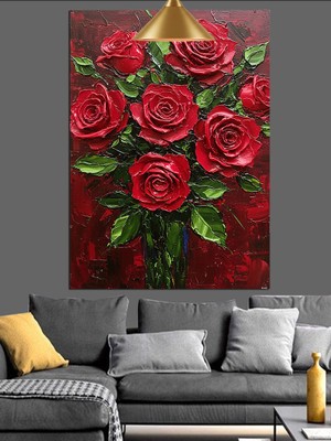 Koyu Kırmızı Tonlarda Gül Çiçekleri Dekoratif Kanvas - Mdf Ahşap Tablo