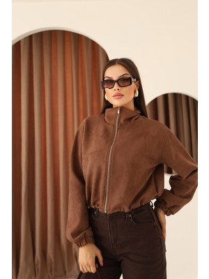 Kadın Kahverengi Süet  Dik Yaka Fermuar ve Etek Ucu Stoper Detaylı Ceket