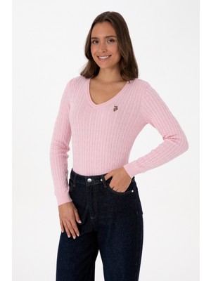 U.S. Polo Assn. Kadın Açık Pembe V Yaka Basic Kazak 50307700-VR078