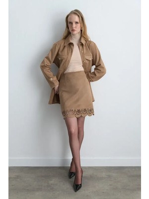 Gusto Motifli Suni Süet Etek - Camel