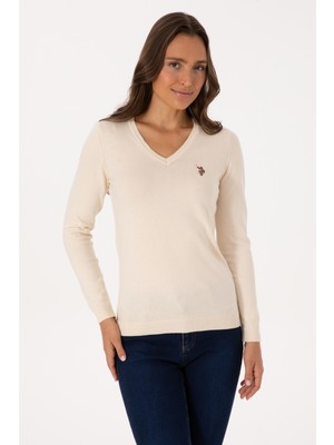 U.S. Polo Assn. Kadın Krem V Yaka Basic Kazak 50307727-VR256