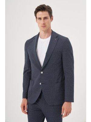  Erkek Lacivert Poliviskon Trend Çizgili Slim Fit Mono Yaka Takım Elbise