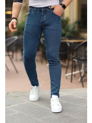 Erkek Jeans Slim Fit Likralı Denim Mavi Kot Pantolon