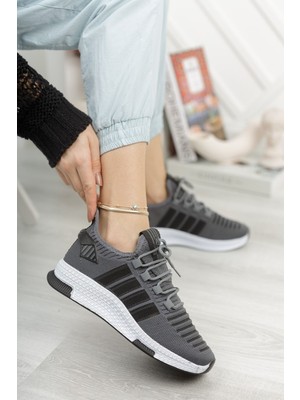 Çiğdem Çok Rahat Süs Bağlı  Fileli Sneaker Ayakkabı(Axs) - Füme-Beyaz-Siyah - 39