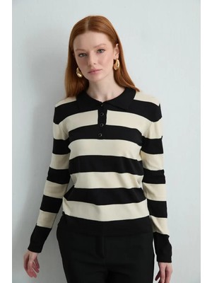 Gusto Polo Yaka Çizgili Triko Bluz - Siyah