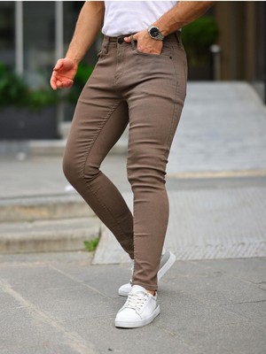 Erkek Jeans Slim Fit Likralı Denim Kahve Kot Pantolon