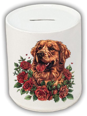 Güllü Köpek Baskılı Kumbara - Seramik Para Biriktirme Kumbarası