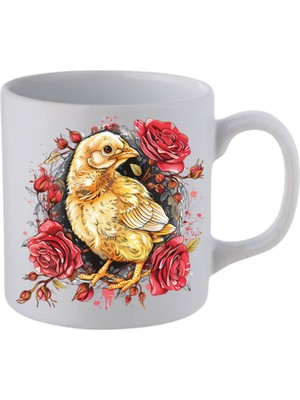 Civcivli Çiçek Baskılı Beyaz Kupa Bardak Sevgiliye Hediye - Seramik Çay, Kahve Hediyelik Bardağı