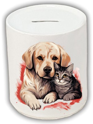Sarılan Kedili Köpekli Kumbara - Para Biriktirme Kumbarası